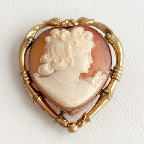 Antike geschnitzte Muschel Kamee Brosche Anhänger Herzform 12K Gold Filled signiert M - Bild 1 von 12