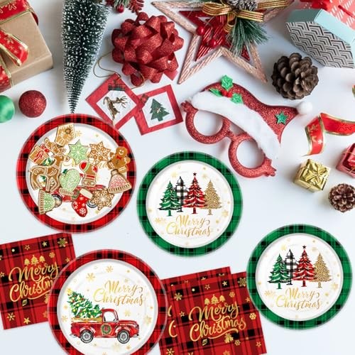 175 PCS Party Supplies Red and Green Plaid Tree Disposable Paper Christmas - Picture 5 of 7