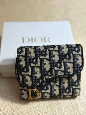 Christian Dior Oblique Jacquard Saddle Lotus Women Wallet Navy