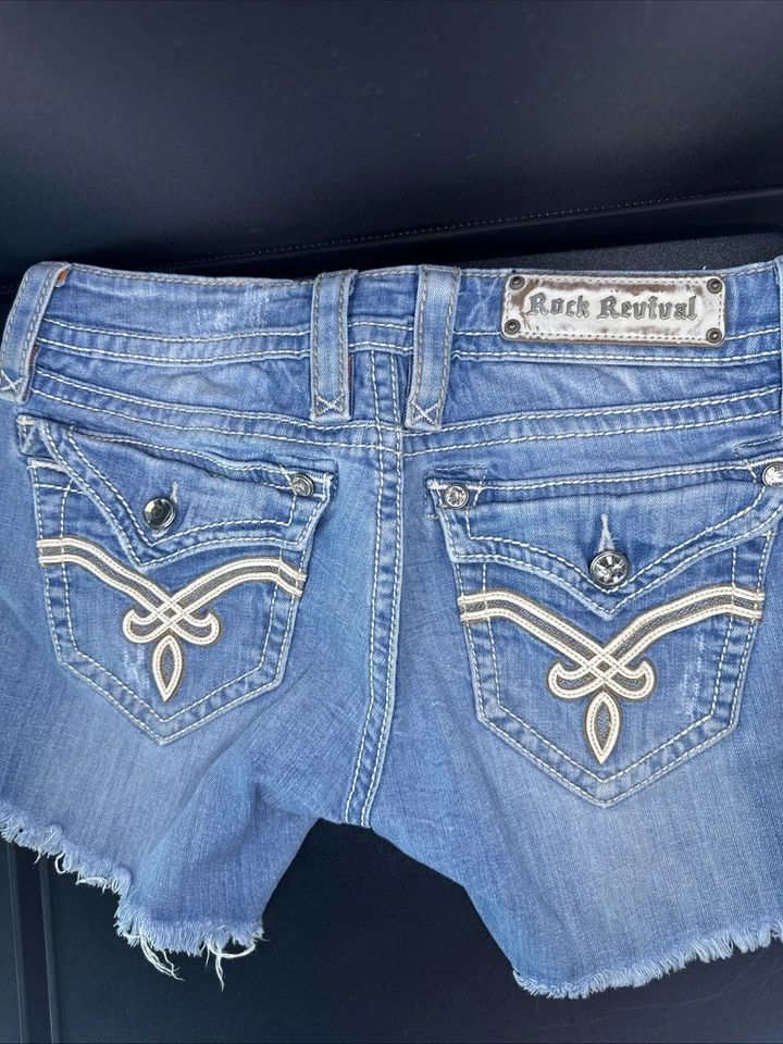 Rock Revival Mujer’s 28 Lt Azul Cortes Estrás Solapa Bolsillos Cuero y Denim Foto 4 de 4