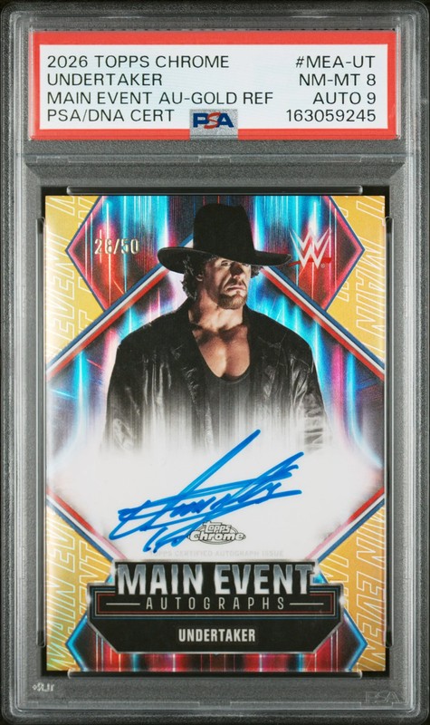 Undertaker 2026 Topps Chrome WWE Main Event Autographs Gold Ref 28/50 PSA 8 Auto