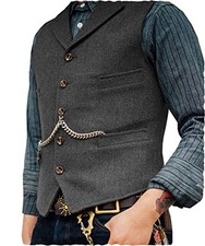 Mens Suit Vest Waistcoat Tweed Retro V Neck Wool Herringbone for X-Small Grey