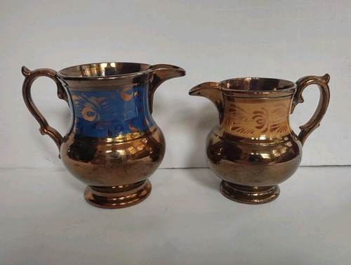 Lot of 2 Antique Copper Lusterware Creamer Pitchers- Blue & Orange Bands - Picture 2 of 10