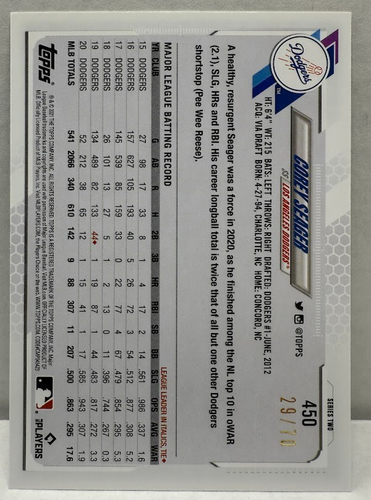 2021 Topps Black Corey Seager /70 Los Angeles Dodgers #450 - Picture 2 of 2