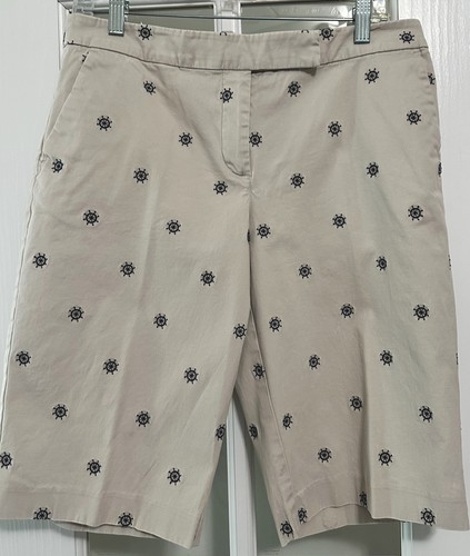 Talbots Stretch Chino Shorts beige Baumwollmischung Reißverschluss mit marineblauem Bootsrad Größe 8