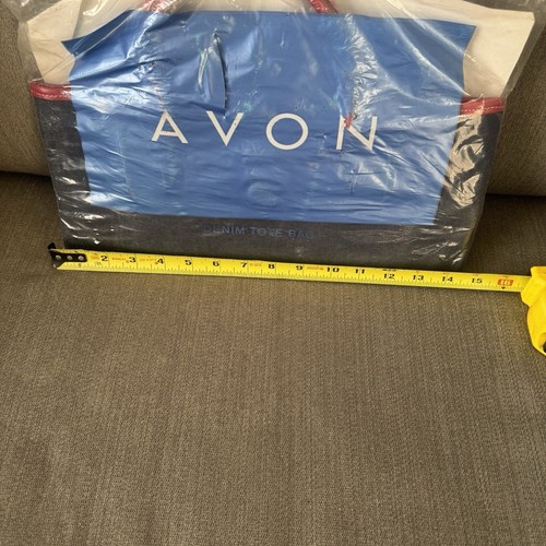 Avon Blue Denim Tote Bag With Red Handles And Trim New In Package - Picture 6 of 6