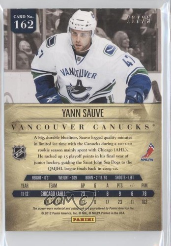 2011-12 Panini Prime Rookie Patch Auto Gold /25 Yann Sauve #162 Rookie Patch RC - Picture 2 of 3
