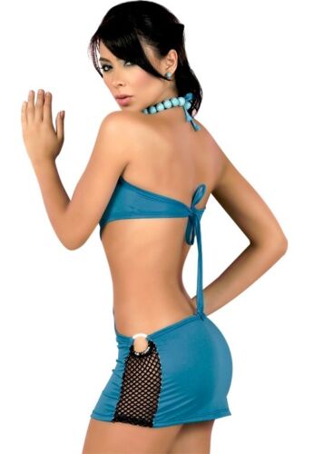 Abito da cocktail nuovo sexy blu turchese nero lato trasparente mini rave club party S M - Foto 2 di 2