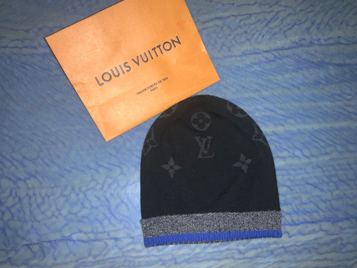 LOUIS VUITTON KNIT BEANIE MONOGRAM HAT BLACK/BLUE/GRAY M76574