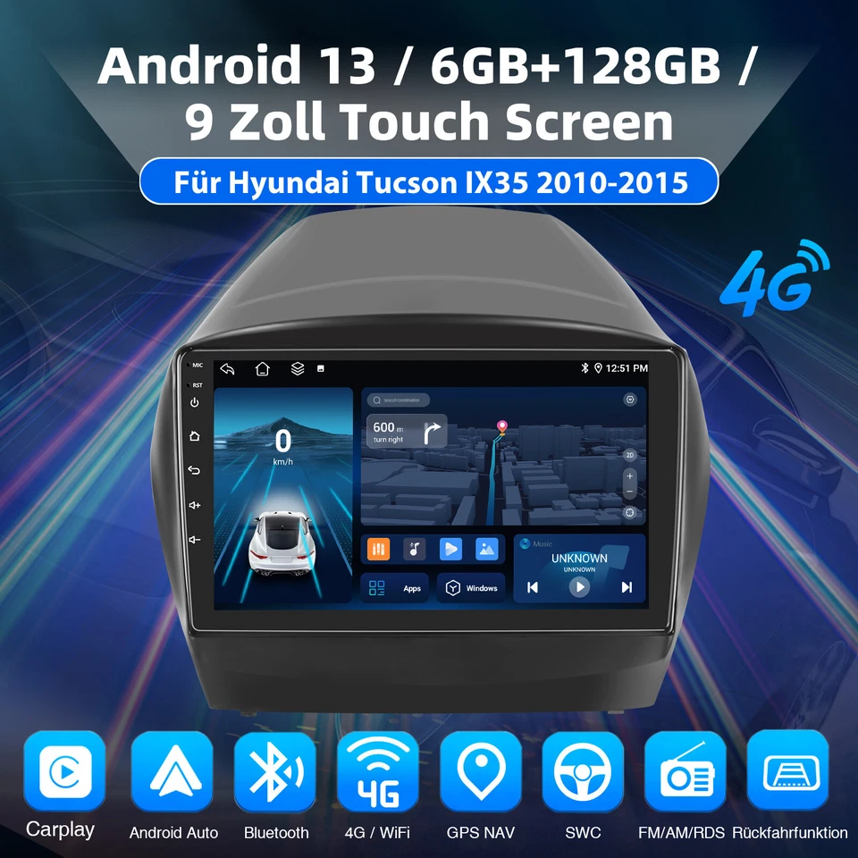 6+128G Android 14 CarPlay Autoradio 8Core GPS CarPlay Für Hyundai iX35 2010-2015 - Bild 2 von 4