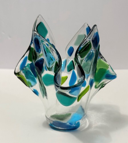 Vtg Fused Art Glass Handkerchief Style Votive Tea Candle Holder Beautiful - Picture 3 of 7