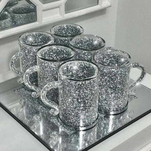 Crush Diamond Crystal Filled Mugs Set Of 6 Silver Kitchen Ware Tea Coffee  Cups