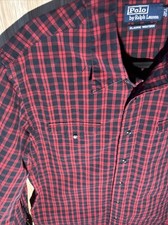 Polo Ralph Lauren Mens Buffalo Red Plaid Classic Western Pearl Snap Shirt Large