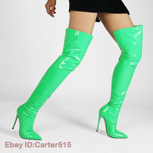 Fall Winter Patent Leather Women's Sexy Thigh High Boots Plus Size Dress Shoes - Picture 19 of 27
