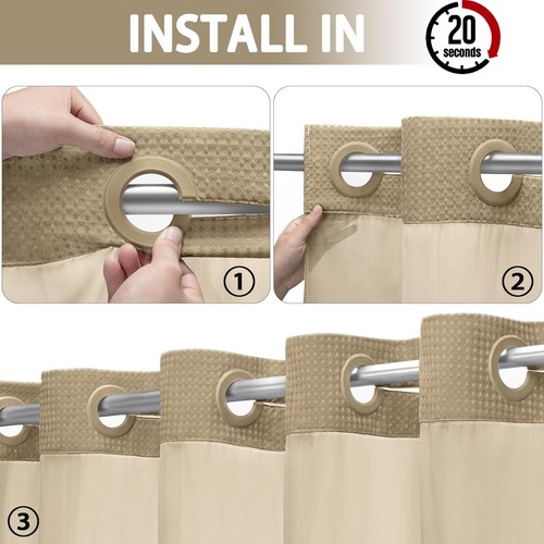 No Hook Shower Curtain with Snap in Liner Set Less Time Beige Waffle Shower Curt - Picture 2 of 3