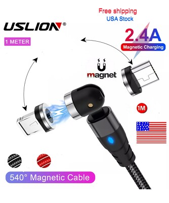USLION 3in1 Magnetic Charging Cable Charger Micro USB iPhone 360º+180º .