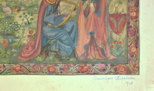 Folleto de diseño, para un tapiz gótico, 1938, caballeros y damas - Imagen 4 de 6