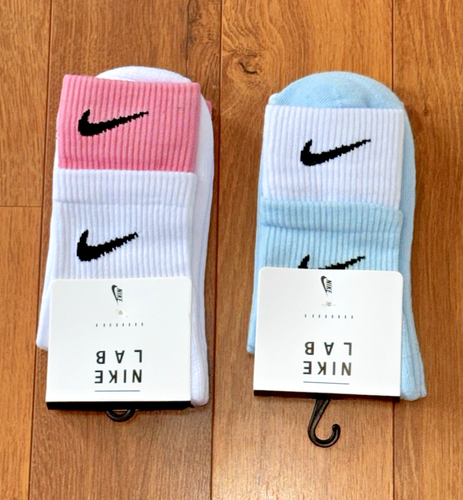 NWT NIKE LAB SOCKS Dri-FIT Ankle-Double-Up Cuff PINK/WHITE BLUE/WHITE Medium - Picture 2 of 3