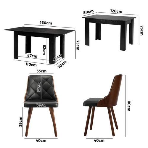 160cm Extendable Dining Table with 6PCS Dining Chairs PU Leather Black - Picture 4 of 7