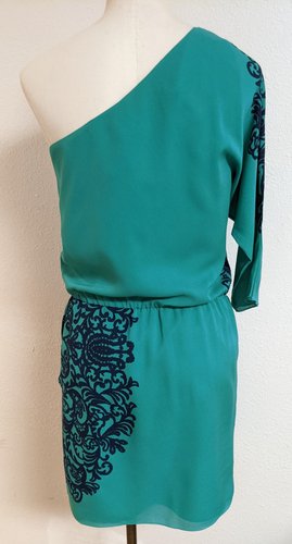 NWT~TIBI 100% Silk Teal Green w/Blue Design One-Shoulder Party Occasion Dress 4 - Picture 4 of 11