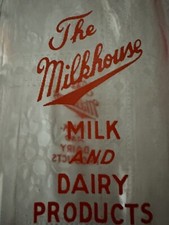 Milkhouse Milk Bottle With Paper Label Clear Glass W/ Red Labels On Front Back