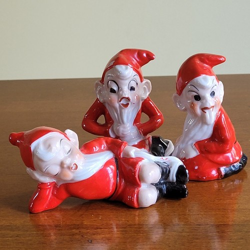 Vintage 3 Mid Century Weihnachtsschmuck Pixie Elfen rot Santa Wichtel Figuren Japan