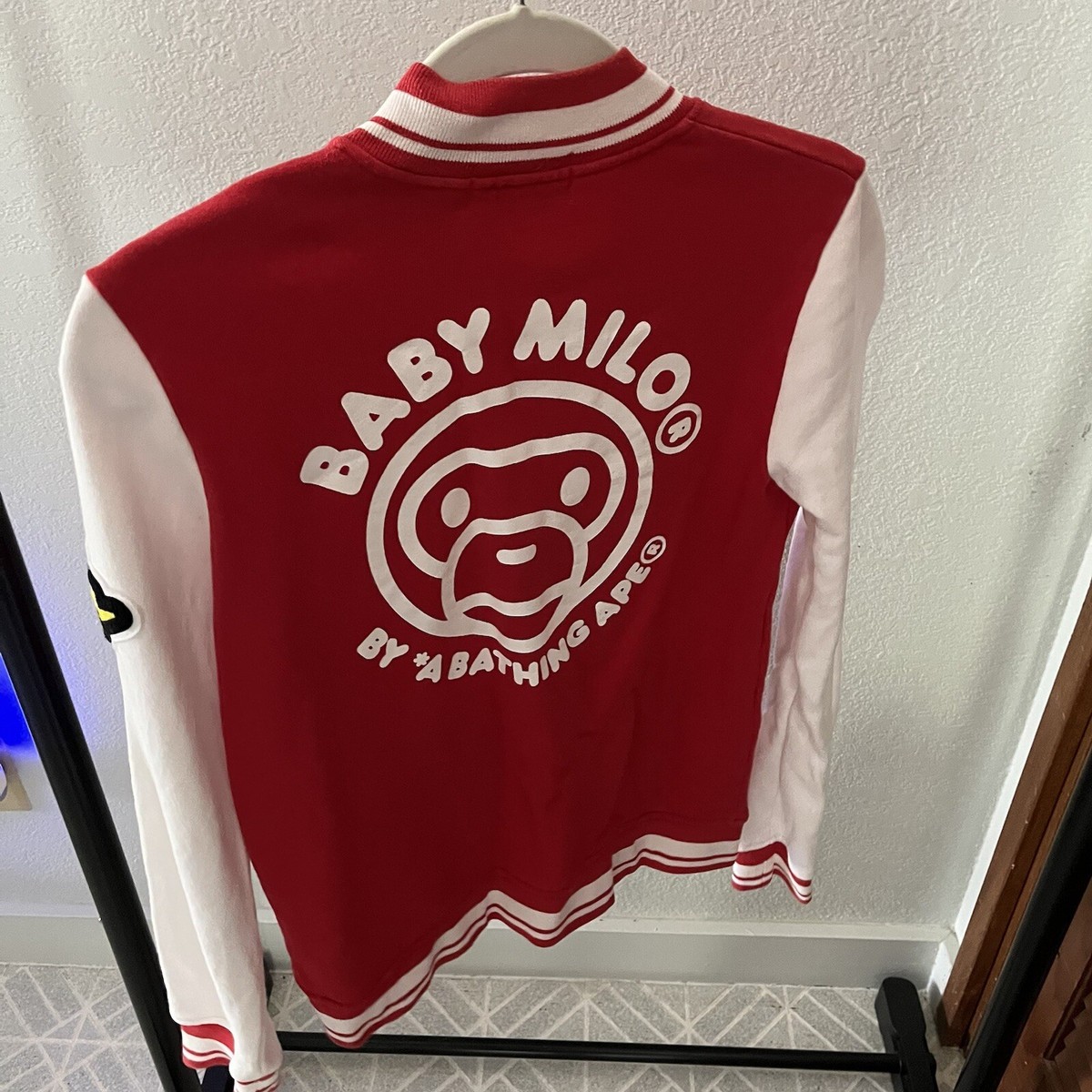 BAPE sz XS Baby Milo Red Baseball Jacket White Sleeves