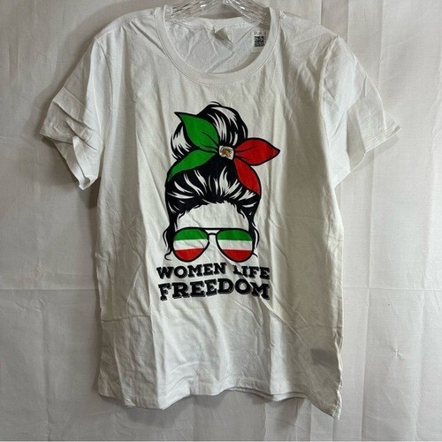 Maglietta Unisex Life Freedom Free Iran Messy Bun Bandiera Iraniana Grande - Foto 7 di 12