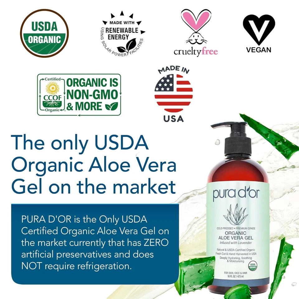 Gel de Aloe Vera Orgánico PURA D'OR 16 OZ Lavanda Original para Rostro, Piel y Cabello Foto 2 de 4