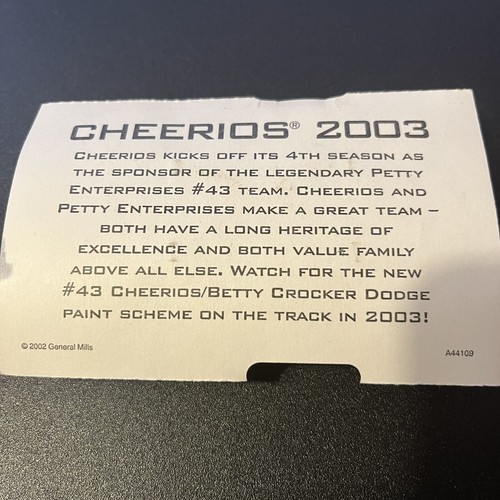 2003 GENERAL MILLS CHEERIOS #43 PETTY YELLOW & BLUE 1:64 DIECAST NASCAR RACE CAR - Picture 7 of 7
