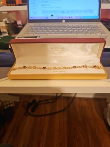 Vintage 18k Gold Over Sterling Silver Genuine Stone Accents Tennis Bracelet - Picture 2 of 7