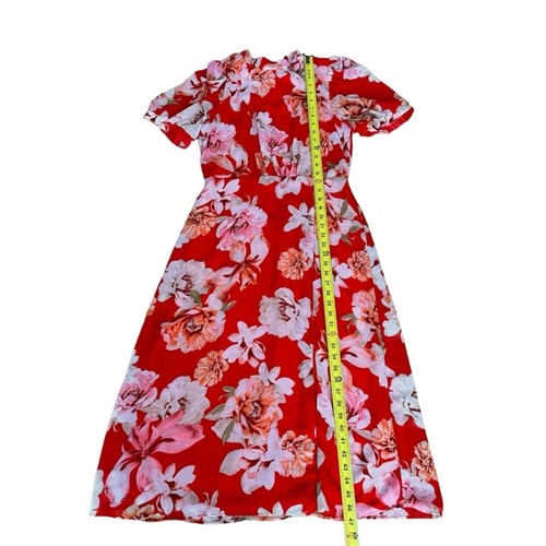 Julia Jordan Women’s Red Midi Dress Floral Mock Neck Short Puff Sleeve Sz 8 NWT - Picture 7 of 13