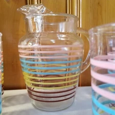 Retro ANCHOR Hocking Pitcher & 6 GLASSES Set Stripes/CLEAR~BEAUTIFUL Vintage SET