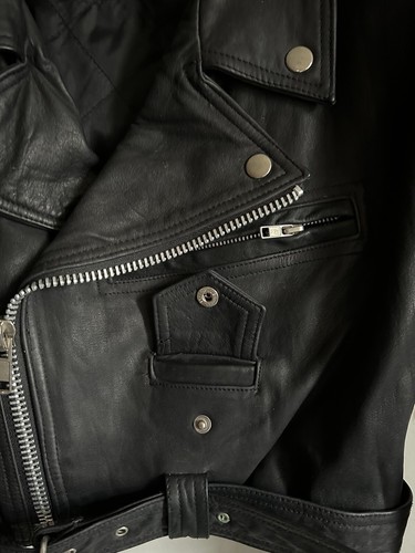 VTG 90’s Leather Jacket Women’s M Long Sleeve Belt StrapZip Pockets Zip-up Black - Picture 15 of 24