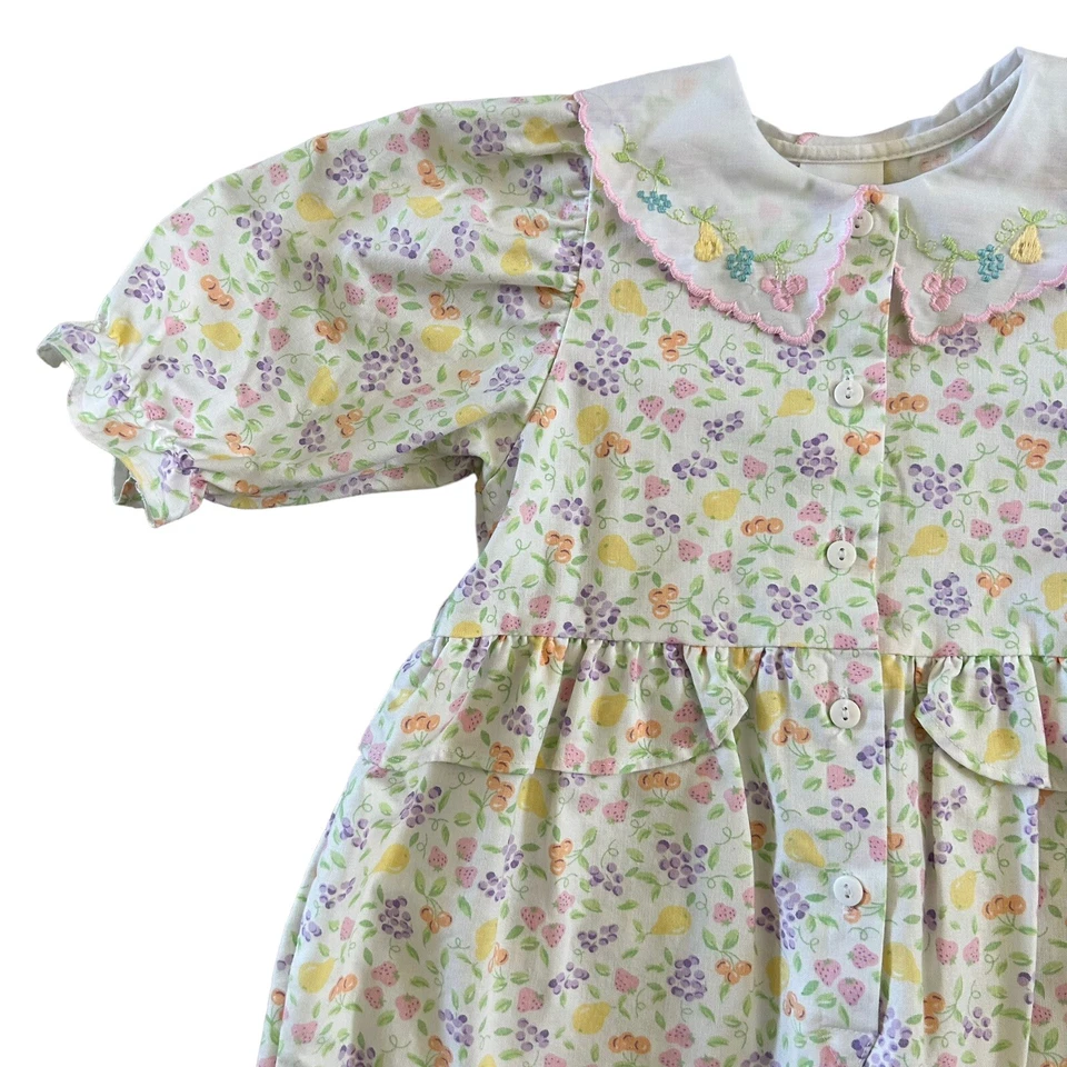 复古 OshKosh 水果连身裤 4T 泡泡袖褶边领 — 第 2/4 张图片