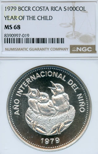 COSTA RICA 100 COLONES 1 OUNCE SILVER CROWN 1979 MS-68 NGC GEM YEAR OF THE CHILD