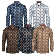 Mens Shirt Luxury Fashion Prints Gold Paisley Overlay Stretch Slim Fit Button Up
