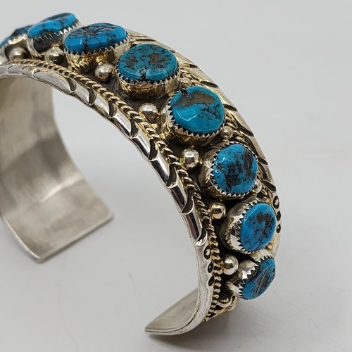 DN signiertes Navajo Sterlingsilber Kingman Türkis Reihe Armband 7,25" II - Bild 6 von 11