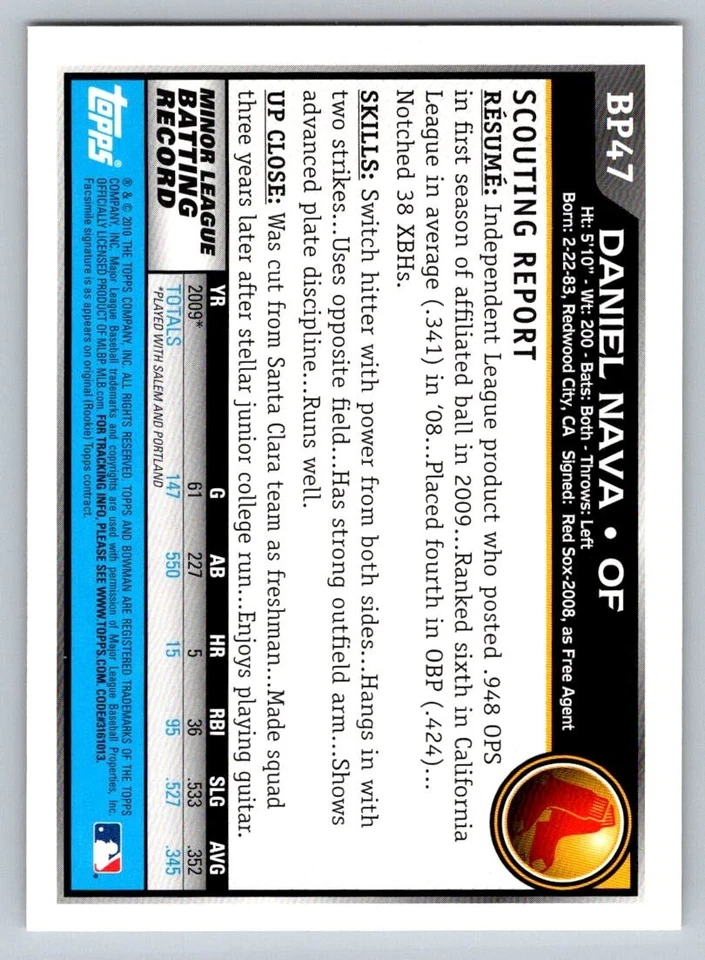 2010 Bowman - Prospects Daniel Nava #BP47 (RC) - Image 2 of 2