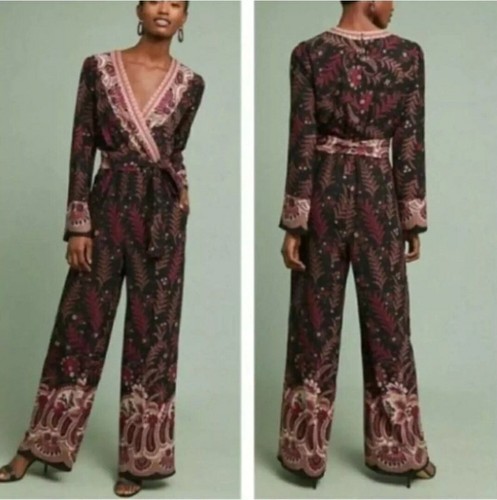 One September Anthropologie Women's XS Burgundy Floral Design V Neck Jumpsuit - Picture 4 of 15