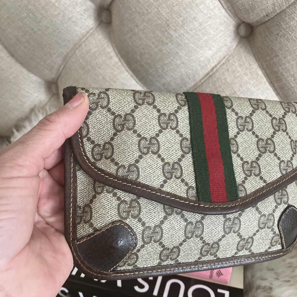 Authentic GUCCI Vintage GG Plus Small Envelope Web Sherry