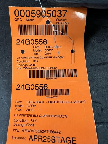 05-15 MINI COOPER CONVERTIBLE LEFT DRIVER SIDE QUARTER WINDOW REGULATOR W/ GLASS - Picture 11 of 11