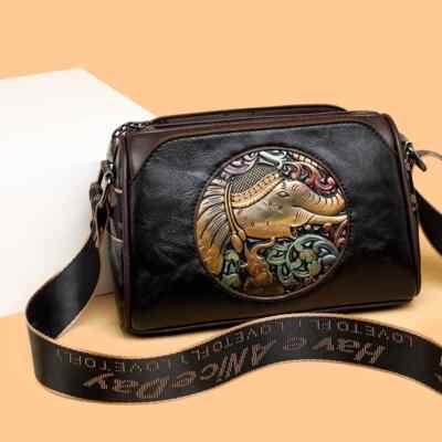 Damen PU Leder Schultertasche Crossbody Elefant Prägung Muster Schwarz