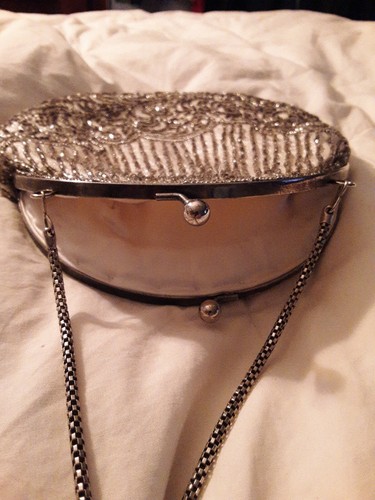 LA REGALE SILBER Perlen Abend schöne Handtasche Clutch Handtasche Satin innen - Bild 5 von 7
