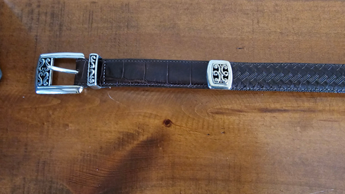 Brighton Women's Belt, L, Croc & Herringbone Leather, Brown with Silver Accents - Picture 4 of 13