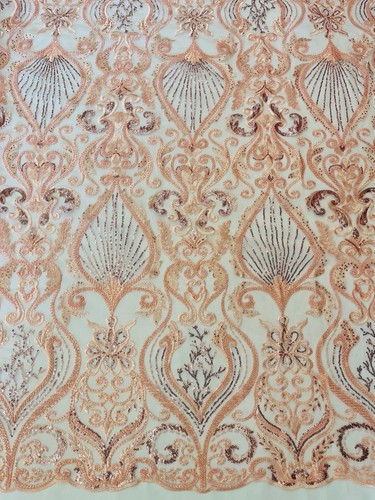 Leaf Damask Bead Fabric - Pink - Embroidery Sequins Heavy Beaded Fabric Yard - Picture 1 of 4