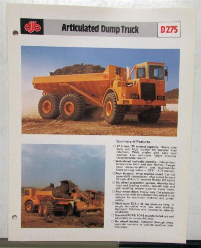 1978 DJB D275 Articulated Dump Truck Specifications Construction Sales Brochure - Afbeelding 1 van 2