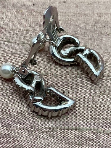 Vintage Marvella Dangle Kunstperle Strass silberfarben Clip On Kletterer Ohrringe - Bild 6 von 10