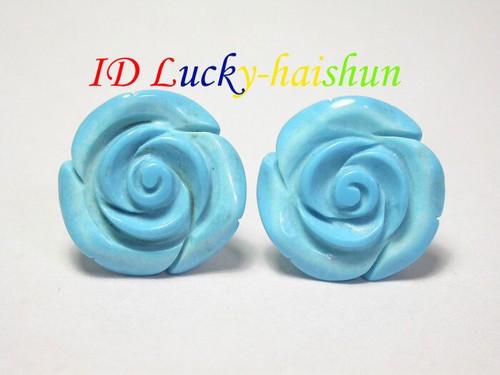 Genuine stick natural 18mm carved rose blue turquoise Earrings stud 14K j6947