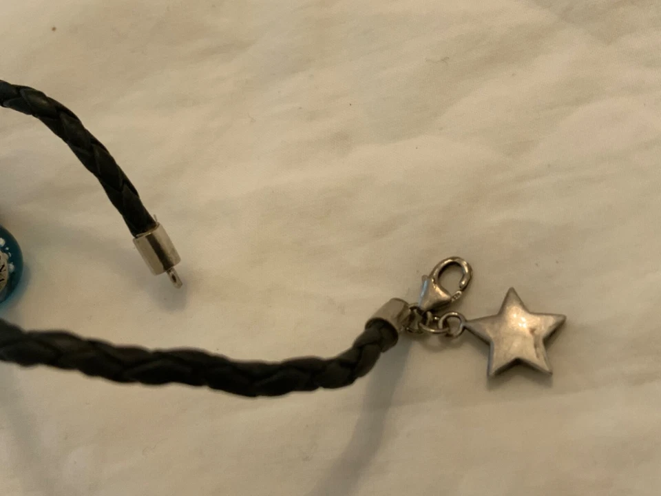 Pulsera DONATELLA VERSACE cristal de murano esmalte azul plata 925 cuentas cuero y2k Foto 4 de 4